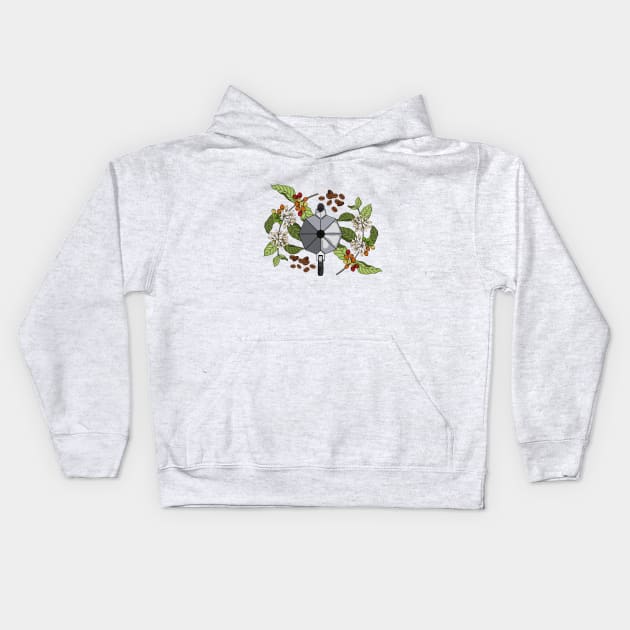 Hand Drawn Coffee Plants and Beans - Moka Pot Espresso Kids Hoodie by Mada's Coffee Shop